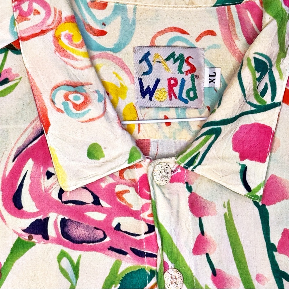 Vintage JAMS WORLD Men’s ENCHANTED Print Hawaiian Shirt Sz XL Floral 80s Rayon - Picture 3 of 10